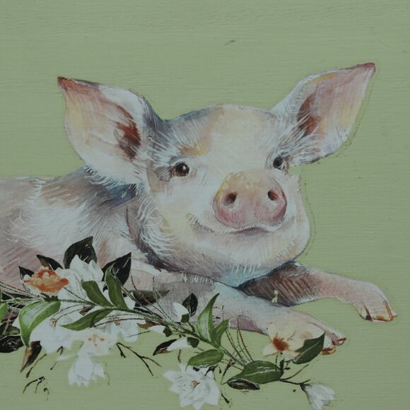 Handmade Pig Flowers Green Wood Riser Country Cottage Farmhouse Decor - Picture 3 of 13